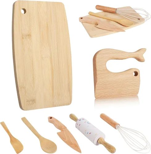 Juego de 7 cuchillos de madera para niños pequeños, tabla de cortar y cuchillos para cocina real, herramientas de cocina Montessori para niños