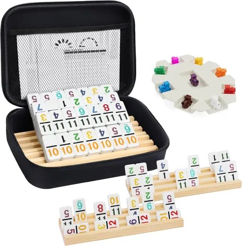 Miniatura 9 de Juego de dominó de tren mexicano con números y 8 bandejas/estantes de madera, juego de dominó doble 12 de viaje con 8 soportes para fichas, juego