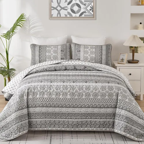 Miniatura 9 de WONGS BEDDING Juego de Edredón Boho Tamaño Full, Juego de Edredones Bohemios Grises de 3 Piezas, Juego de Ropa de Cama Cubrecama de Microfibra