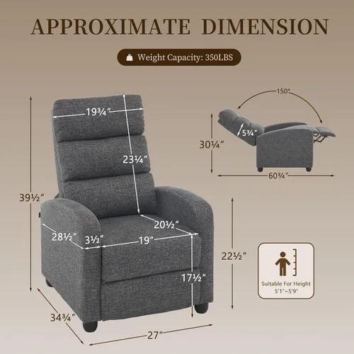 Miniatura 2 de Furnimart Small Manual Recliner Chair for Compact Spaces, Overstuffed Chenille, Chunky Cushion, Comfortable Single Sofa Recliner for Adults, Ideal