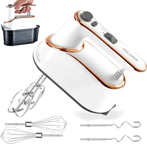 Batidora de mano, eléctrica de 5 velocidades con Turbo Boost, color blanco, motor de cobre, 400 W, accesorios aptos para lavavajillas para hornear,