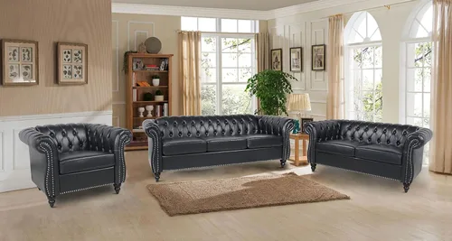 Miniatura 2 de RARZOE Moderno sofá Chesterfield de poliuretano de 3 plazas, sofá Chesterfield tapizado de piel con botones capitoné, sofá clásico de piel sintética