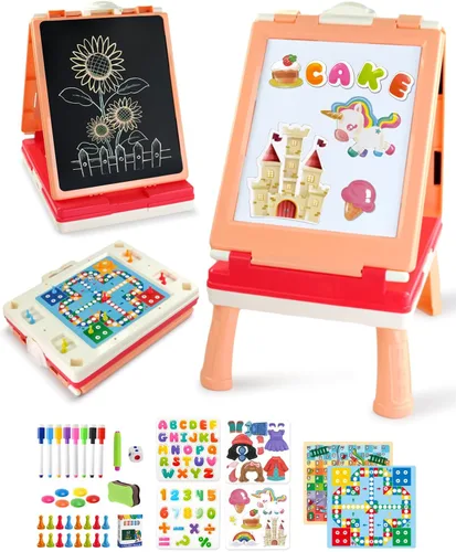 Miniatura 10 de Elovien Caballete para niños, caballete de arte de doble cara 4 en 1 con pizarra y pizarra blanca magnética, caballete de mesa plegable para niños