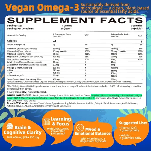 Miniatura 2 de Gomitas veganas omega-3 – 1000 mg de aceite de algas con 650 mg de DHA y 250 mg de EPA para adolescentes y adultos – Más vitamina D3, A, C, luteína