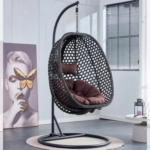 Miniatura 4 de Swining - Silla de huevo con soporte, sillas colgantes de mimbre de ratán para huevos, silla columpio para patio con cojín resistente a los rayos