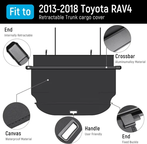 Miniatura 2 de Cubierta de carga compatible con Toyota RAV4 2018 2017 2016 2015 2014 2013, accesorios de lona de textura retráctil, cubierta de maletero, protector