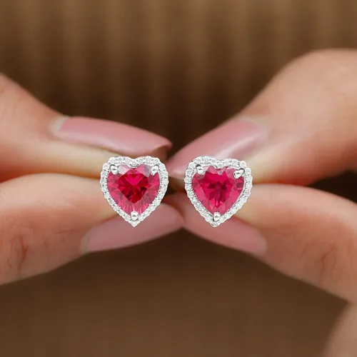 Miniatura 3 de 3.5 CT Lab Created Ruby and Moissanite Earrings, Created Ruby Stud Earrings with Moissanite Halo, Created Ruby Heart Stud Earrings, 14K Solid Gold