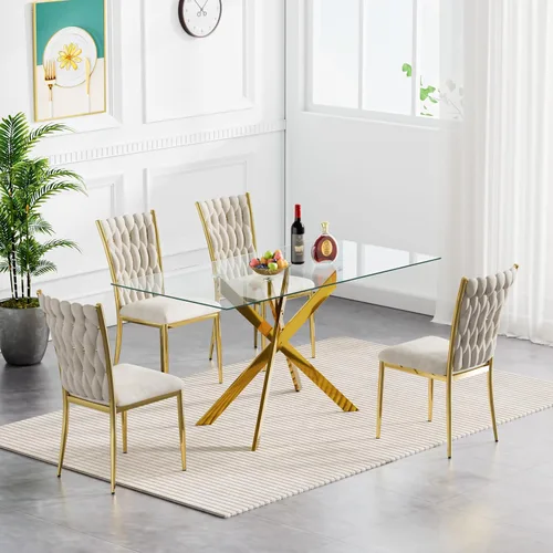 Miniatura 17 de Juego de mesa de comedor de cristal para cocina de 4, 5 piezas, mesa de comedor rectangular de 51 pulgadas con 4 sillas de cocina de terciopelo