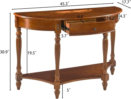 Miniatura 3 de Mesa de entrada de madera maciza con cajón, mesa de sofá semicírculo con estante de almacenamiento, tallas laterales de media luna, elegante mesa