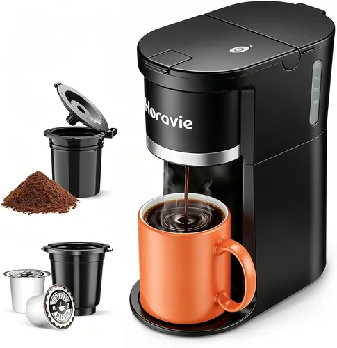 Horavie Cafetera pequeña de una sola porción, cafetera rápida de una taza para cápsulas K Cup y café molido, tamaños de preparación de 6 a 12 onzas,