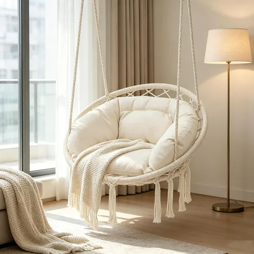 Miniatura 7 de Monibloom Silla hamaca colgante, silla columpio de macramé con cojín, capacidad de 350 libras para adultos y adolescentes, para porche al aire Beige