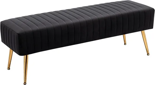 Miniatura 9 de Furniliving Banco de 44 Pulgadas para Dormitorio, Bancos Otomanos Tapizados con Tela Rayada y Tufting con Patas de Metal en Forma de X para Sala