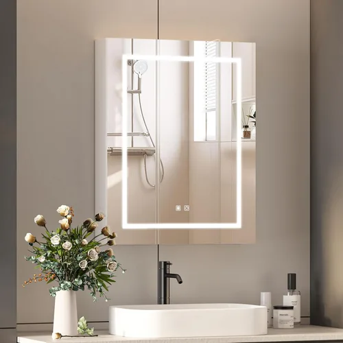 Miniatura 8 de Espejo de botiquín iluminado para baño, botiquín LED con desempañador, montado en la pared, espejo de baño LED con almacenamiento, 20 x 28 pulgadas