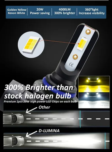 Miniatura 2 de D-Lumina H10 Switchback - Bombillas LED antiniebla, 8000 lúmenes, 40 W, 300% brillo, doble color, 6000 K, xenón blanco/3000 K amarillo dorado, 9145