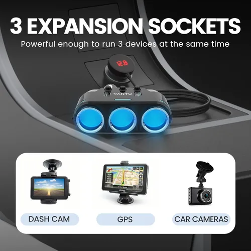 Miniatura 3 de YANTU Adaptador y divisor de encendedor de cigarrillos con 150W, 3 tomas y iluminación ambiental LED, doble carga rápida USB, salida de coche