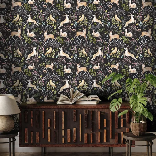 Miniatura 8 de VaryStyle Papel tapiz de 17.7 x 118 pulgadas con diseño de animales del bosque, selva, lindo ciervo, conejo, pájaro, musgo, floral, papel