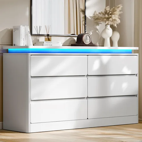 Miniatura 10 de Gyfimoie Cómoda Negra de 6 Cajones para Dormitorio, Cajonera Larga de 47.2" con Estación de Carga y Luces LED, Gabinete de Almacenamiento de Madera