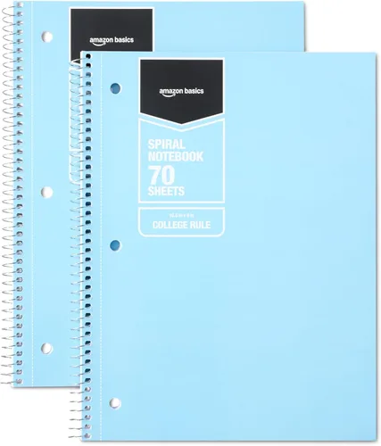 Amazon Basics Cuadernos de espiral de rayas anchas con páginas perforadas, 70 hojas, 8 x 10.5 pulgadas, azul claro, paquete de 2