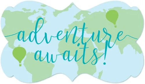 Miniatura 8 de Andaz Press Colección de fiesta de mapa del mundo de aventura en globo aerostático, azul y verde, pancarta colgante personalizada con cuerda