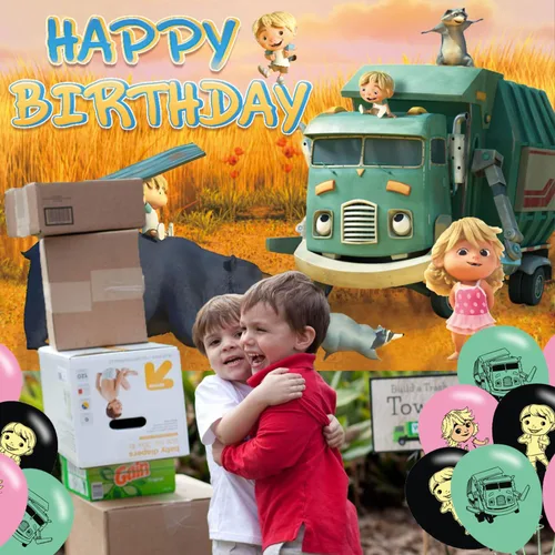 Miniatura 7 de Fondo de fiesta de cumpleaños de camión de basura, decoración y pancarta, accesorios de fondo de fotos para niños y niñas, 5 x 3 pies