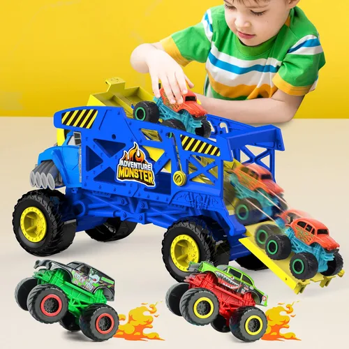 Miniatura 5 de Monster Trucks Hauler Rhino con 3 mini camiones y lanzamiento de súper rampa, regalo para niños a partir de 3 años