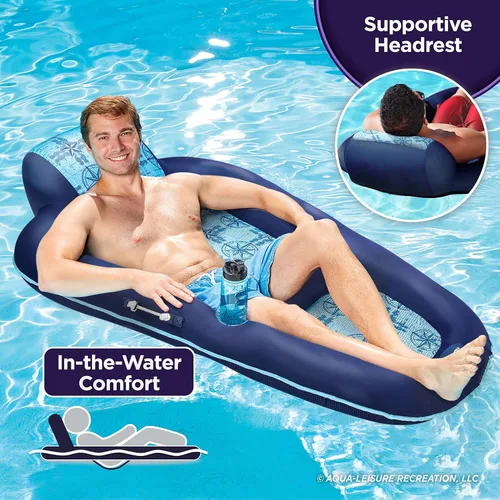 Miniatura 4 de Aqua - Flotador acuático de lujo, tamaño XL, inflable con reposacabezas, respaldo y reposapiés, azul marino y azul claro (paquete de 4)