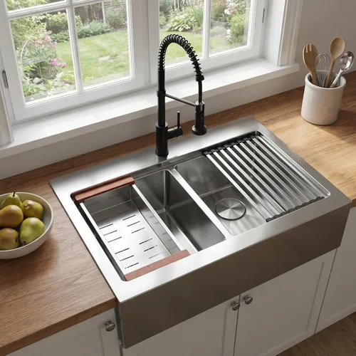 Miniatura 24 de LQS Fregadero de cocina dorado de 32 x 18 pulgadas, fregaderos de cocina empotrados, fregaderos de acero inoxidable de doble tazón 50/50