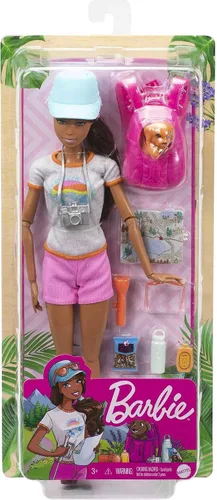 Miniatura 6 de Barbie Juego de muñecas de senderismo, morena con cachorro y 9 accesorios incluyendo mochila transportadora de mascotas, mapa, cámara y más