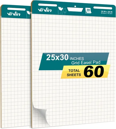ViVin Almohadilla de caballete adhesivo de rejilla, 25 x 30 pulgadas, papel para profesores y estudiantes, papel de caballete autoadhesivo grande