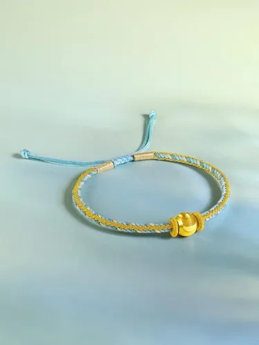 Miniatura 5 de ZHOU LIU FU Pulseras de oro real de 24 quilates, pulseras de la amistad, joyas ajustables de oro sólido con bola dorada, azul, verde, rosa, pulseras