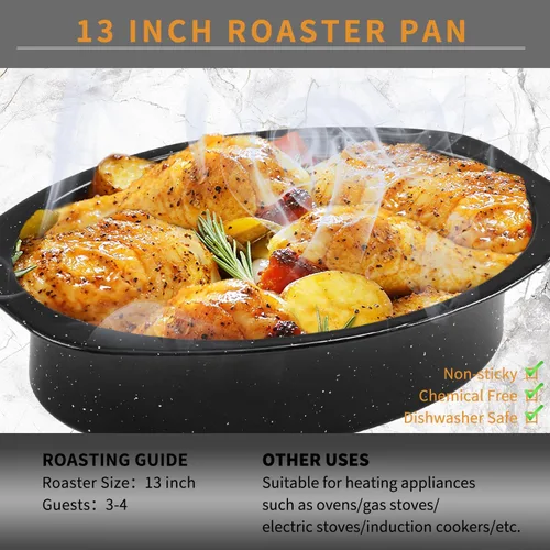 Miniatura 4 de JY COOKMENT Sartén para asar granito, pequeña sartén esmaltada de 13 pulgadas con tapa abovedada. Olla ovalada para pavo, sartén para asar, ideal
