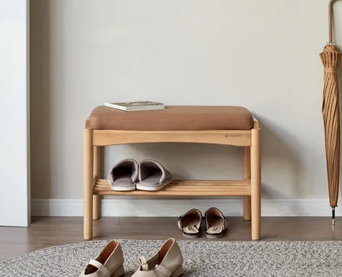 Miniatura 3 de Banco de zapatos de madera maciza montado, banco de zapatos con cojín de cuero de silicona para entrada, sala de estar, dormitorio, pasillo, 11.8 x