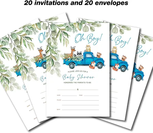 Miniatura 4 de YIDOU Woodland Blue Truck Boy Baby Shower Invitaciones para fiesta de Greenery Woodland Animal Rellenar tarjetas de invitaciones 20 invitaciones