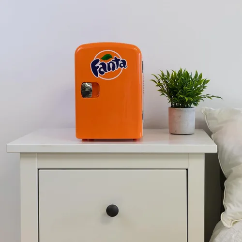 Miniatura 5 de Fanta Mini refrigerador – Refrigerador de 6 latas para dormitorio, oficina, enfriador de bebidas portátil de mesa, refrigerador de 12 V 110 V