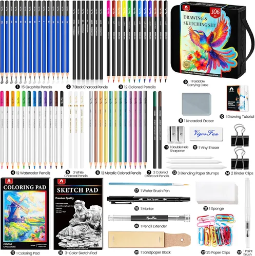 Miniatura 2 de Kit de bocetos de 106 piezas de suministros de arte, lápices de dibujo profesional con cuaderno de bocetos de 3 colores, libro para colorear, Negro