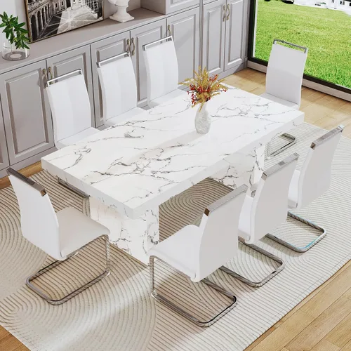 Miniatura 58 de gopop Mesa de comedor de mármol de 63 pulgadas, tablero de mesa de comedor MDF con patrón de mármol y base para cocina y comedor.