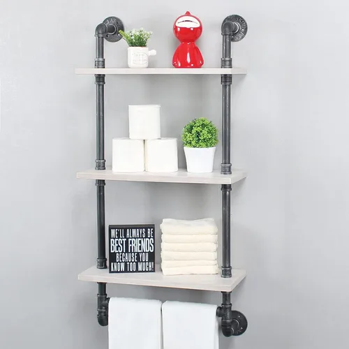 Miniatura 7 de MBQQ Estante de tubería industrial para baño, estantes montados en la pared, estante de madera rústica de 19.6 pulgadas con toallero, toallero
