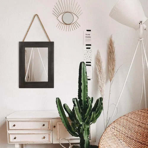 Miniatura 5 de Espejo de pared rectangular para baño, decoración de madera blanca envejecida con cuerda para colgar para decoración rústica del hogar, tocador