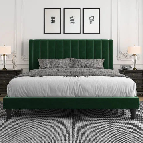 Allewie - Base de cama tamaño King con cabecera acolchada tapizada en terciopelo y diseño acanalado vertical; plataforma de cama con resistentes