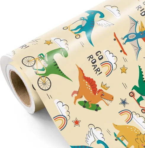 Miniatura 11 de WRAPAHOLIC - Rollo de papel de regalo de dinosaurio - Rollo mini - 17 pulgadas x 33 pies - Papel de regalo de dinosaurio verde, perfecto
