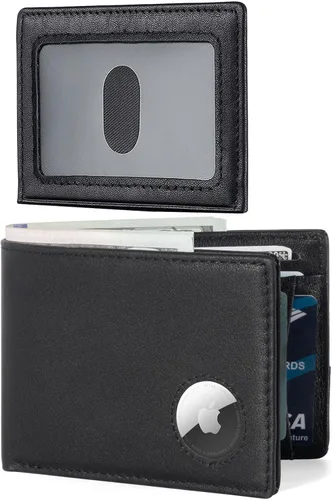 Hairao Billetera para AirTag Cartera para hombre con bloqueo RFID, bolsillo frontal minimalista con soporte AirTag para identificación con ventanas