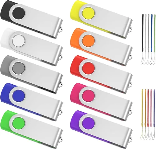 ABLAZE Unidad flash de 128 MB, paquete de 10 unidades de memoria USB 2.0 con cordones, unidades de pulgar giratorias, disco Pendrive U a granel para