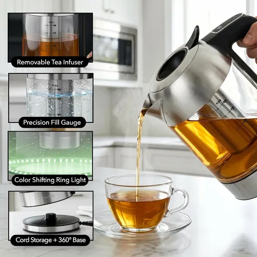 Miniatura 7 de OVENTE Hervidor eléctrico de vidrio digital con control de temperatura, hervidor de té eléctrico inalámbrico de 1.8 L con 7 presets, olla eléctrica
