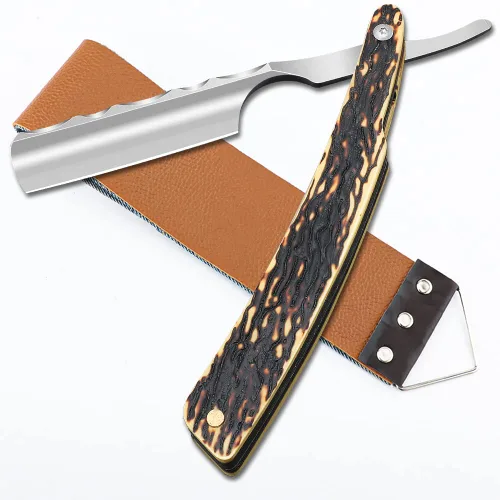 Miniatura 11 de Navaja de afeitar recta con estropa - Afeitadora profesional de borde recto de acero inoxidable premium para barbero con estropa para afeitado