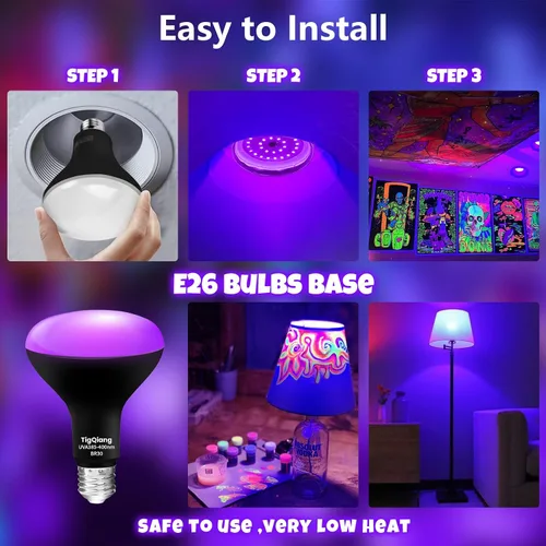 Miniatura 6 de TigQiang Paquete de 6 bombillas negras, equivalente a 120 W, bombilla LED negra E26 BR30 de 385-400 nm para decoraciones de Navidad de Halloween