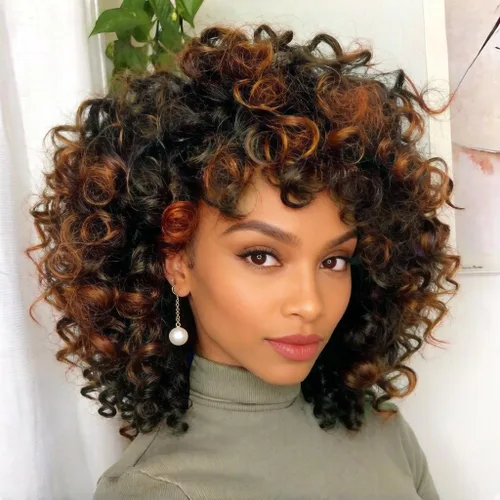 Curly Wigs for Black Women Short Curly Wig with Bangs Soft Bouncy Fluffy Small Curls Heat Resistant Synthetic Wig for Daily Party Use Ombre Brown 14