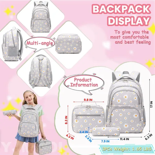 Miniatura 2 de YJMKOI Mochila con estampado de margaritas para niñas de secundaria y primaria, juego de mochila con lonchera (negro)