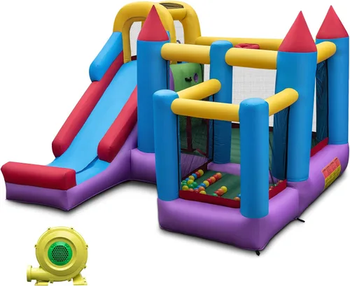 Miniatura 11 de HONEY JOY Casa inflable de rebote, casa hinchable 8 en 1 con área de salto, portería de fútbol, aro de baloncesto, juego de objetivo y lanzamiento