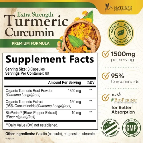 Miniatura 2 de Suplemento de curcumina de cúrcuma de 1500 mg, pimienta negra orgánica tumérica y bioperina para una mejor absorción con 95% de curcuminoides, apoyo