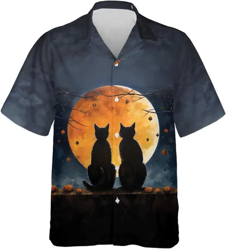 Miniatura 16 de Camisa hawaiana de gato negro para hombre, camisa de noche de Halloween, camisa de manga corta con botones (MP_HW_66)
